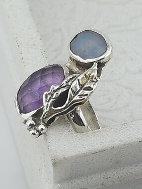 OPAL & AQUAMARINE HANDMADE RING IN STERLING SILVER SZ 8.5